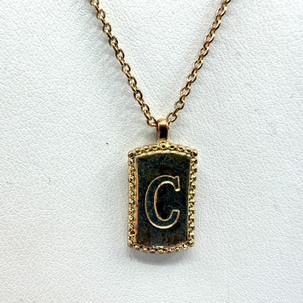 Initial Letter C Dog Tag Charm Pendant Necklace Gold Tone Aesthetic Layering